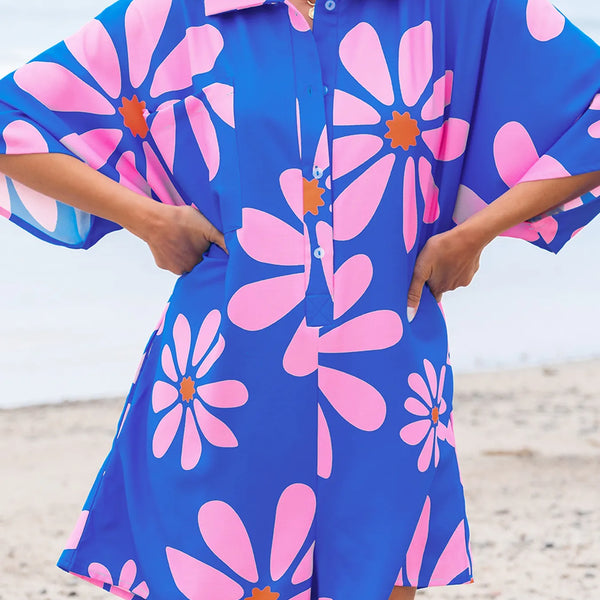 Summer Flower Print Shirt Collar Button Front Loose Romper