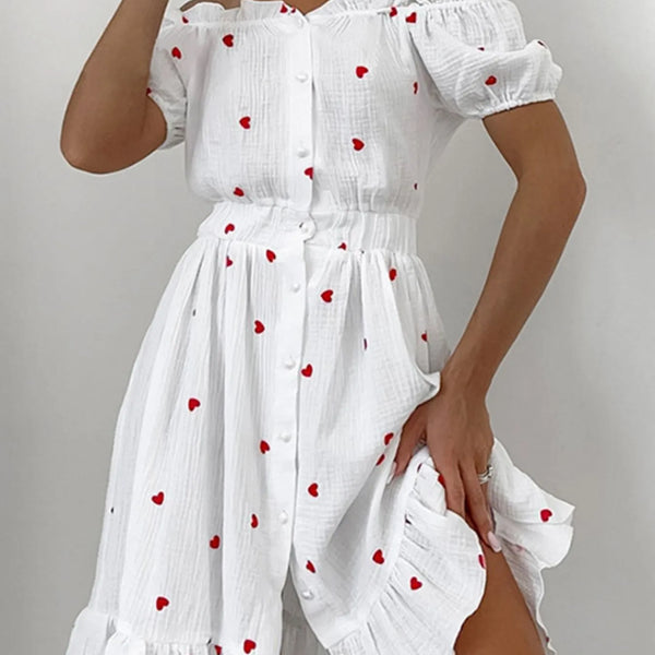 Heart Printed Off-Shoulder Ruffle Mini Dress