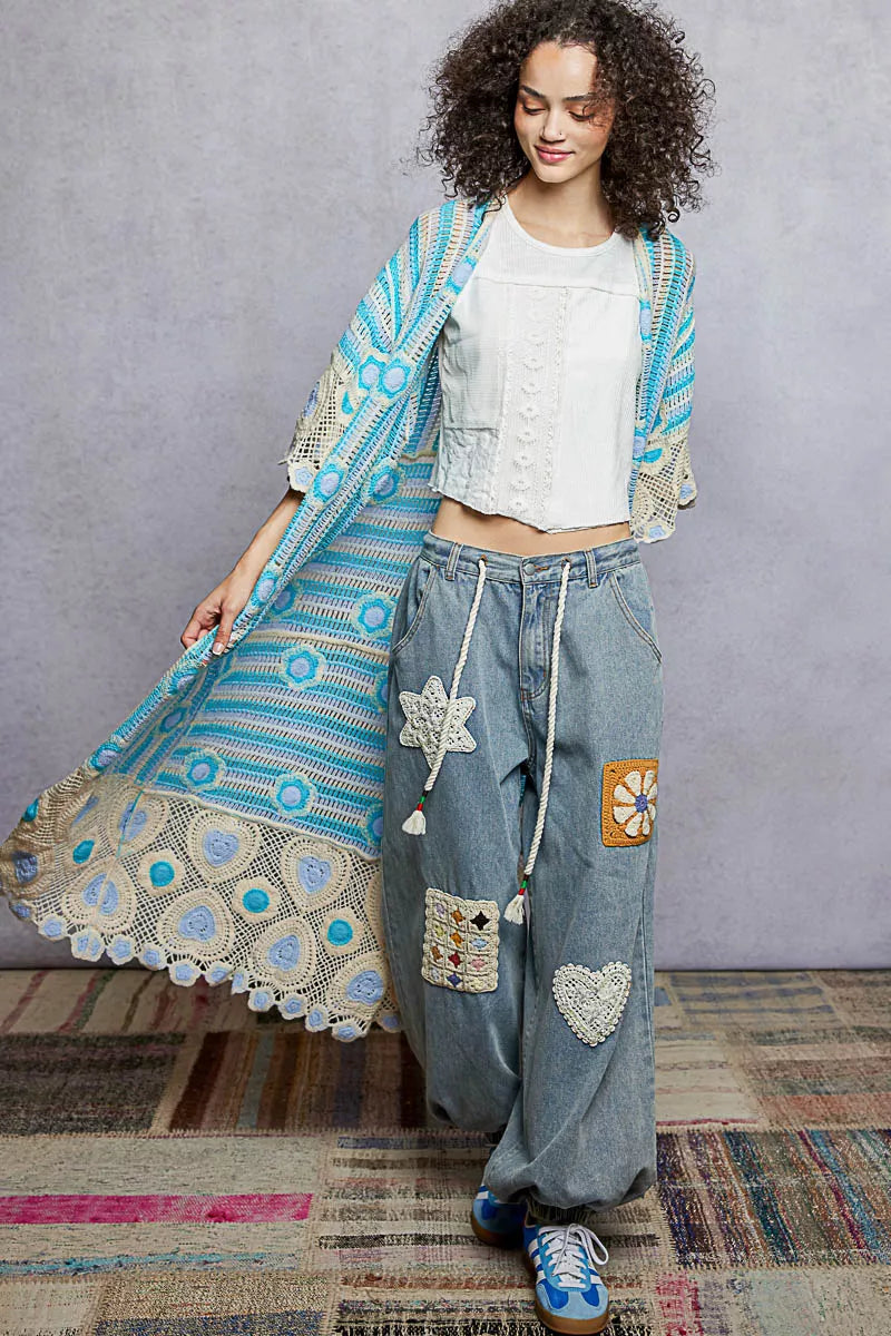 POL Striped and Floral Pattern Crochet Longline Cardigan