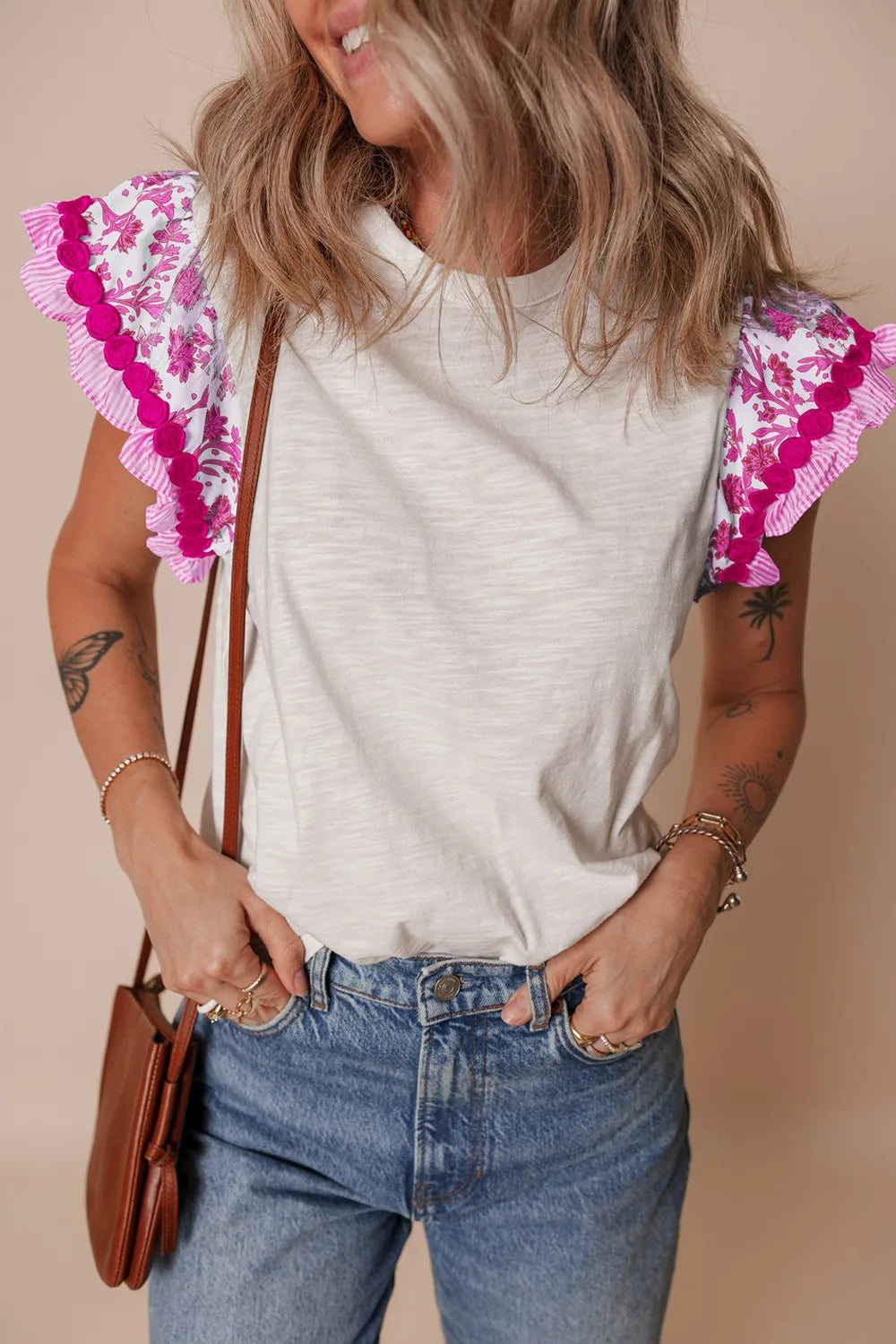 Ruffled Round Neck Cap Sleeve Blouse