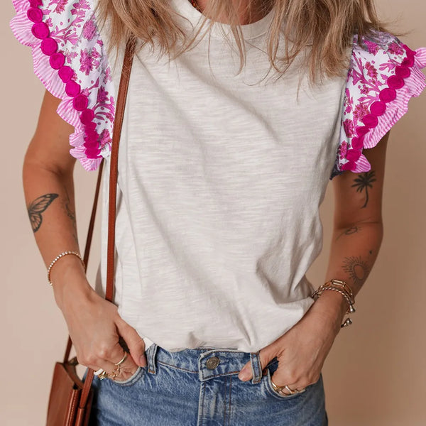 Ruffled Round Neck Cap Sleeve Blouse