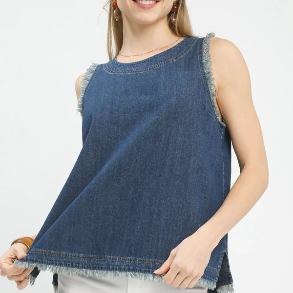 Umgee Sleeveless Fringe Hem Denim Top