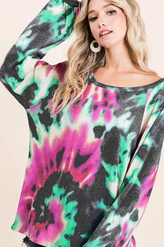BiBi Tie Dye Print Terry Top with Puff Sleeves