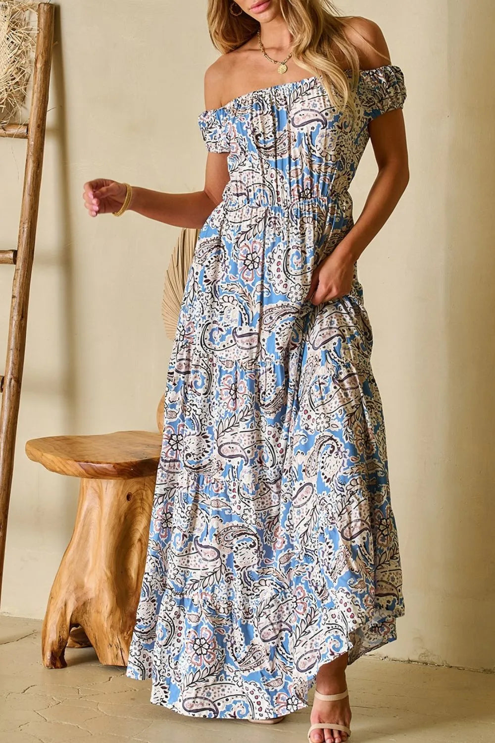 Boho Paisley Print Off Shoulder Maxi Dress