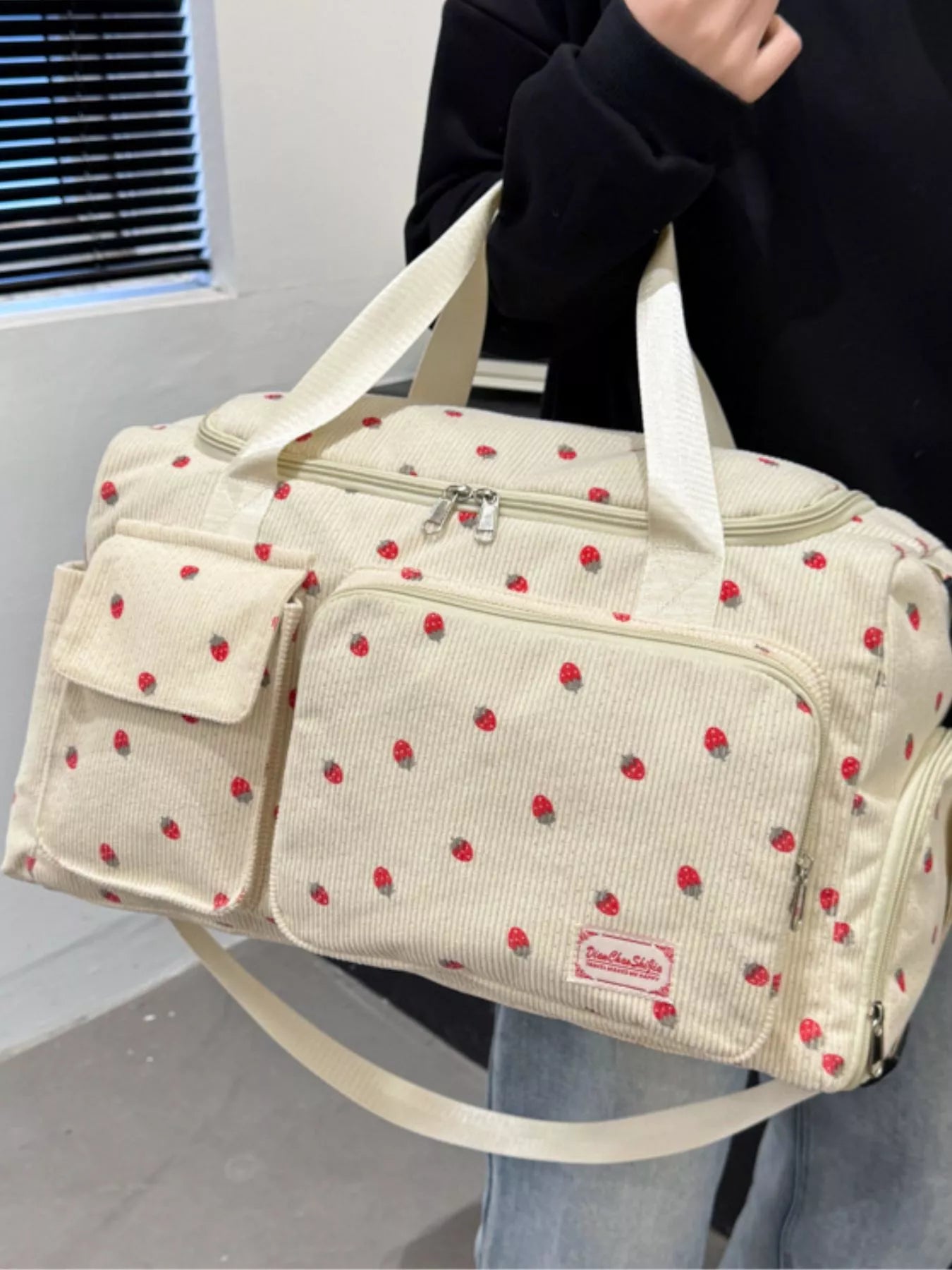 Strawberry Print Corduroy Travel Bag Large Polyester Carryall