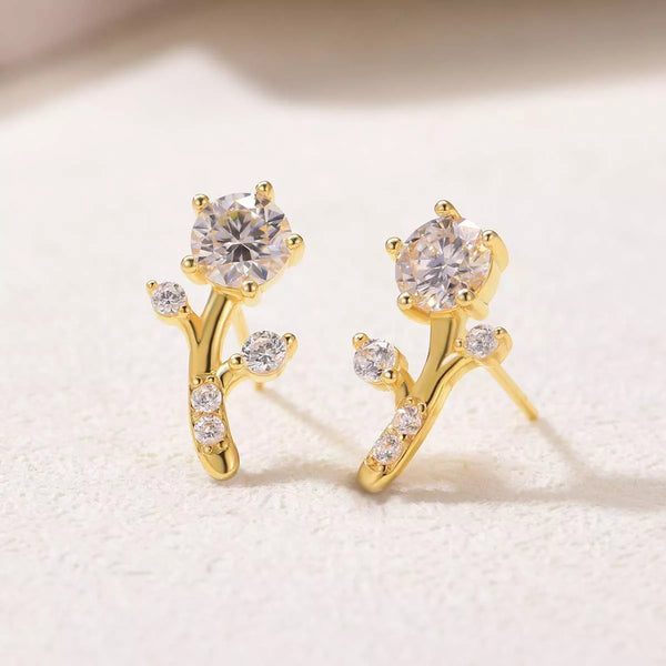 2 Carat Moissanite Floral Stud Earrings 18K Gold Plated Sterling Silver