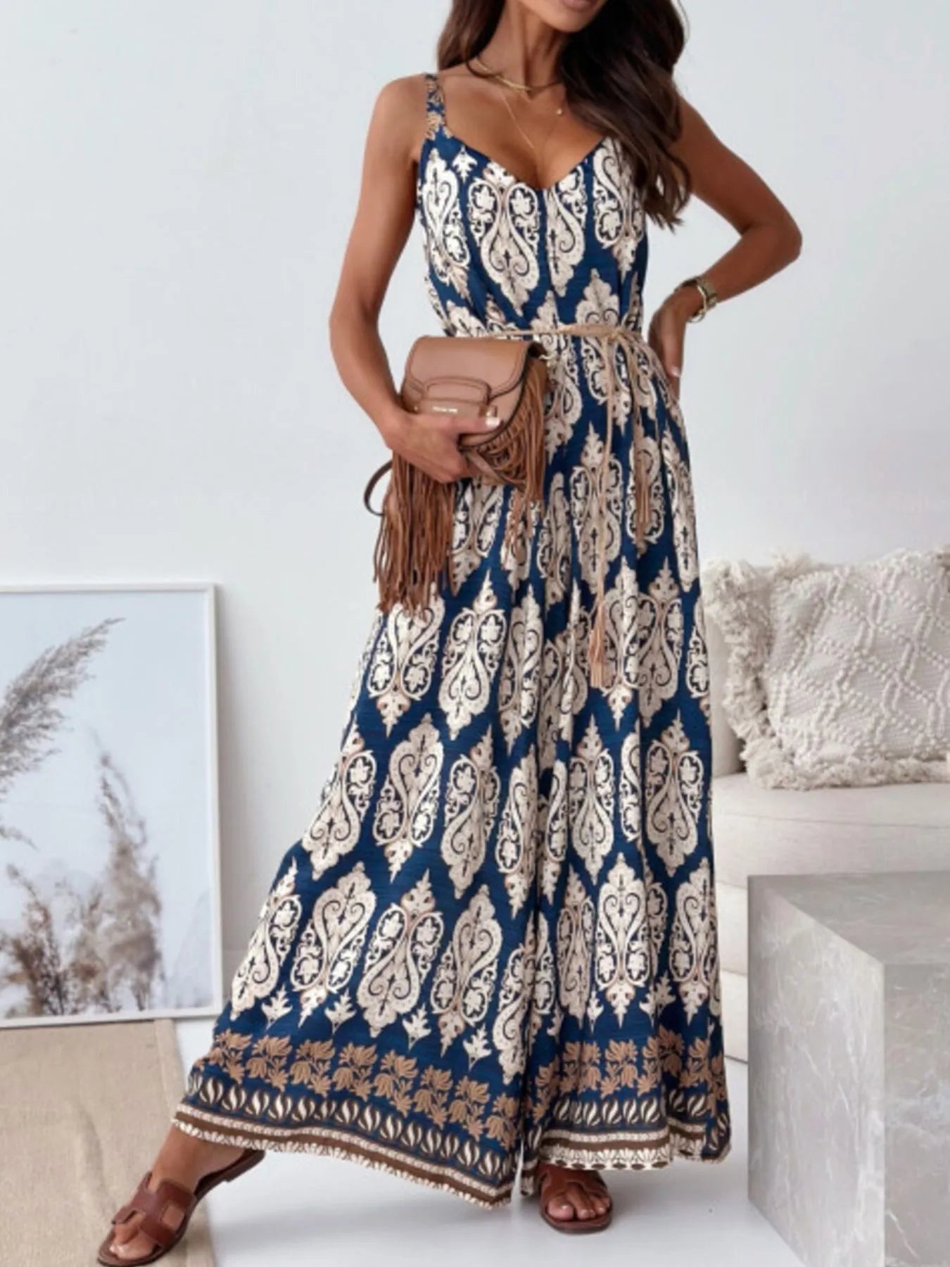 Paisley Print Spaghetti Strap Wide Leg Jumpsuit