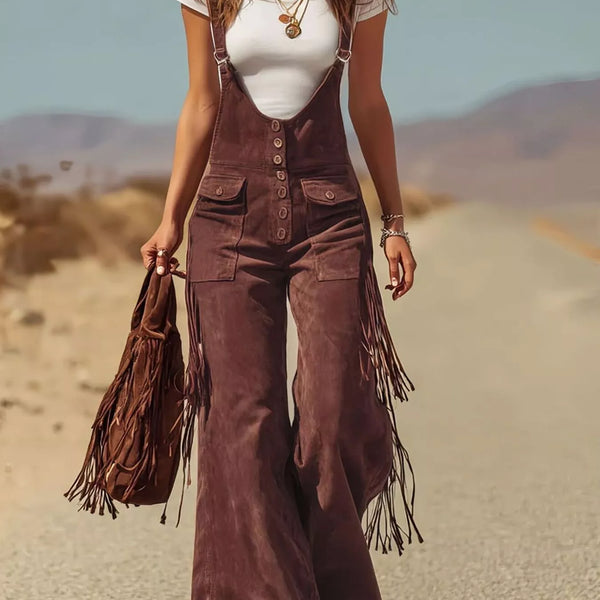 Fringe Corduroy Overalls For Women Button Front Pocketed Easy Care Machine Washable