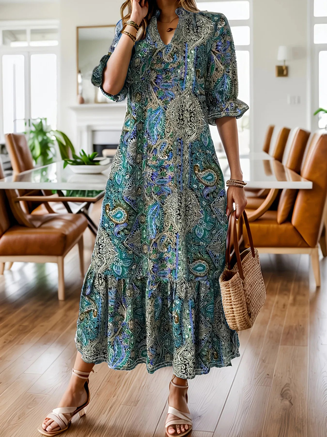 Full Size Bohemian Paisley Print Ruffle Hem Midi Dress Plus Size