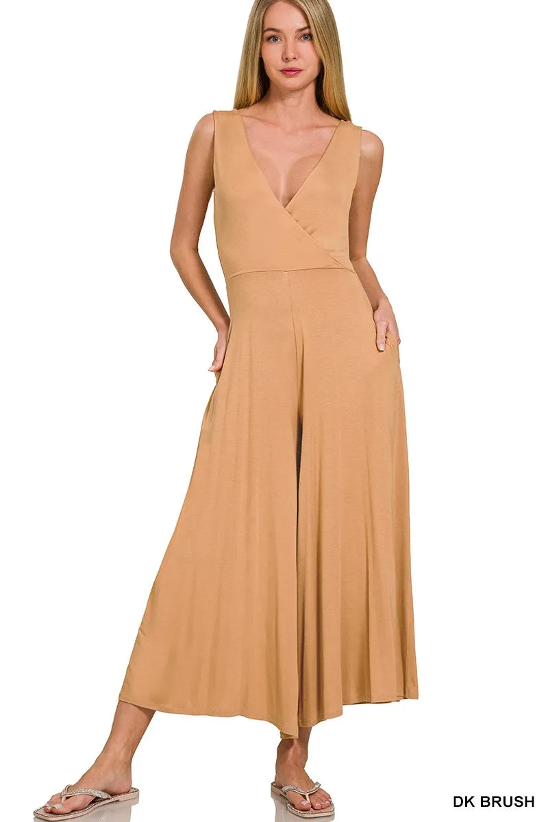 Zenana Surplice Neckline Sleeveless Jumpsuit
