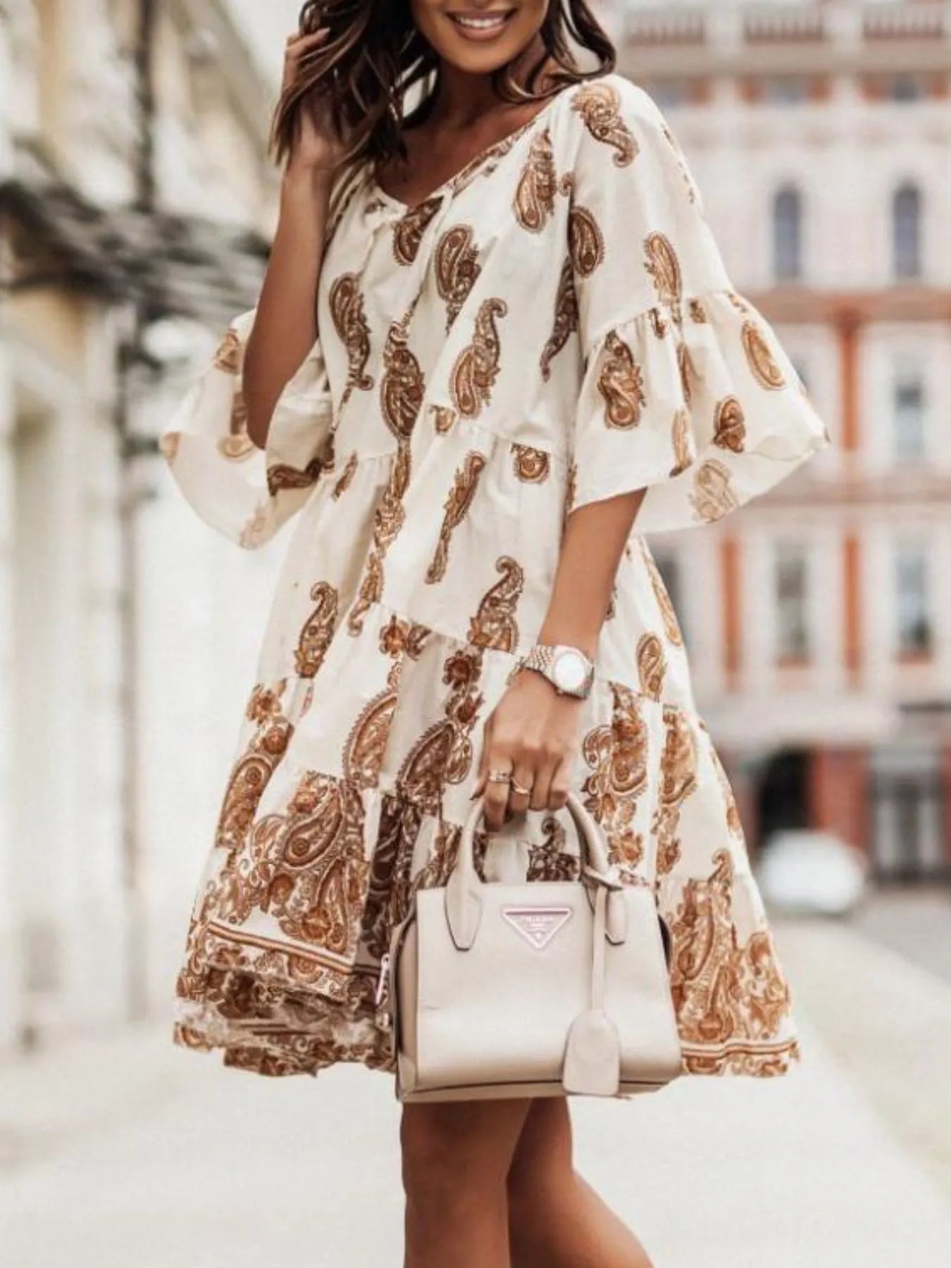 Paisley Print Tie Neck Half Sleeve Mini Dress