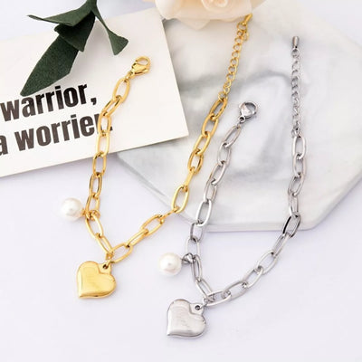 Heart Charm Pearl Accent Chain Bracelet 18K Gold Plated Silver Plated