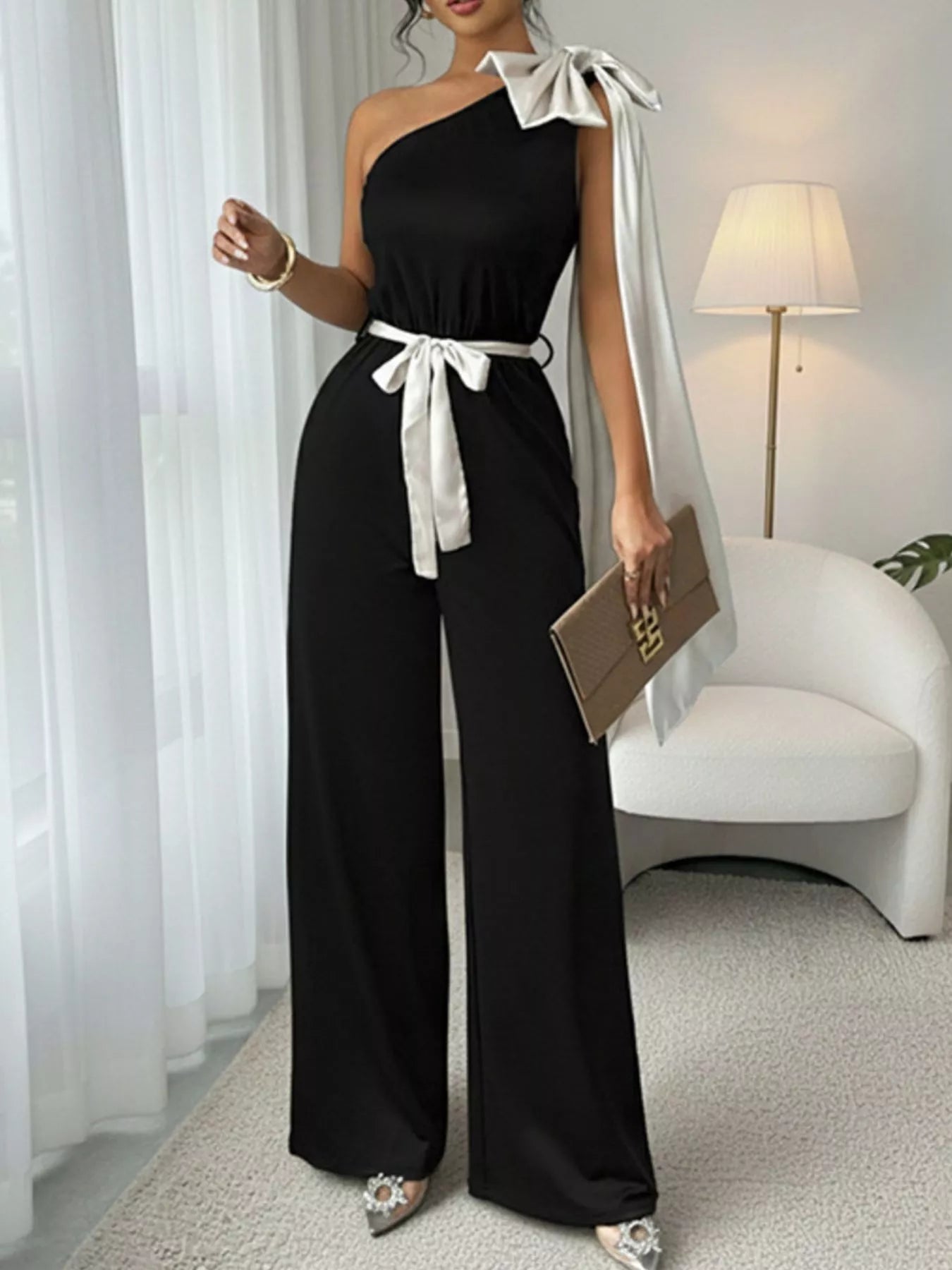One Shoulder Bowknot Wide Leg Jumpsuit For Women Belted Chic And Elegant Party Wear