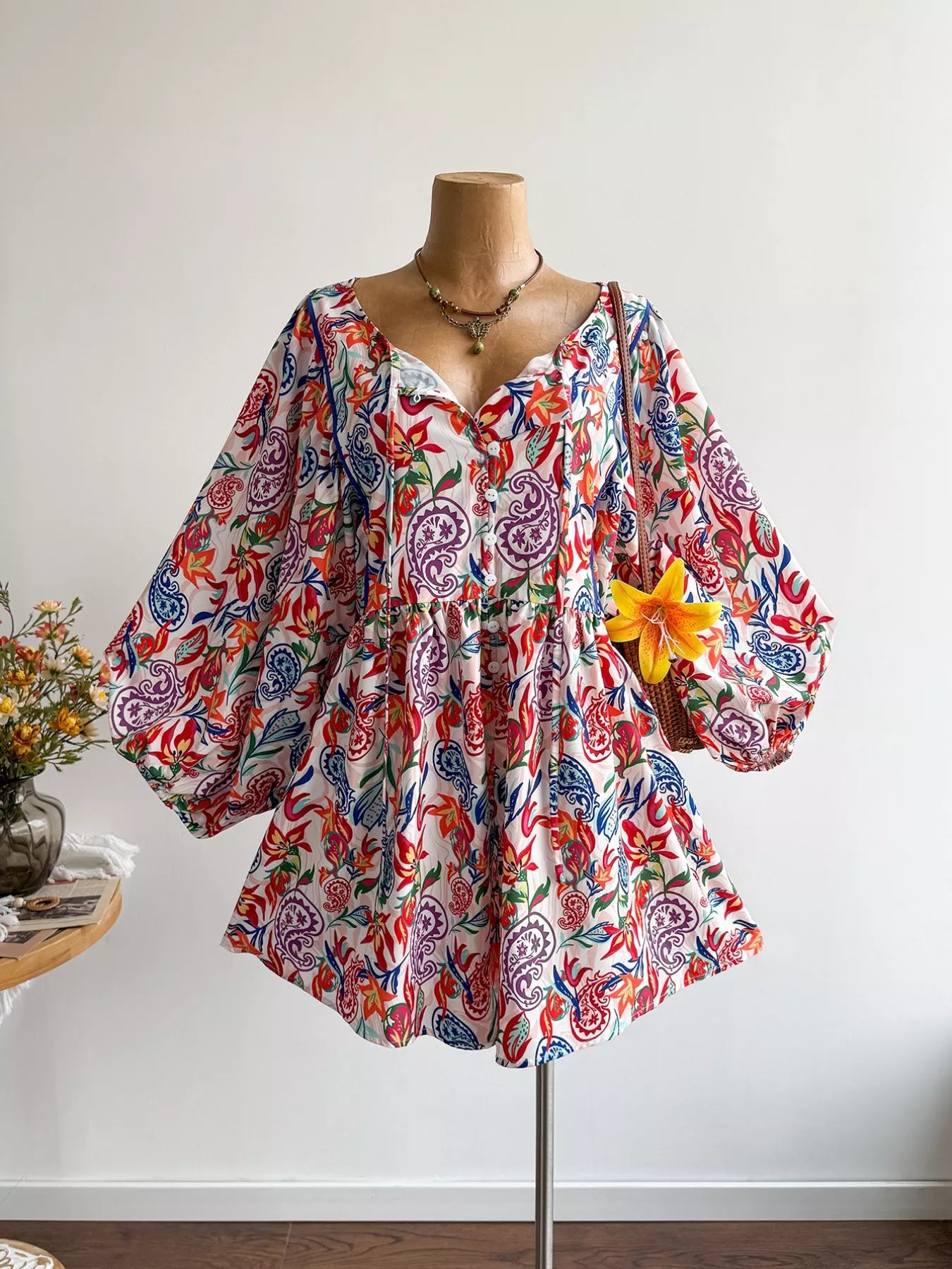 Plus Size Boho Floral Print Button Down Romper With Ruched Tied Waist For Summer
