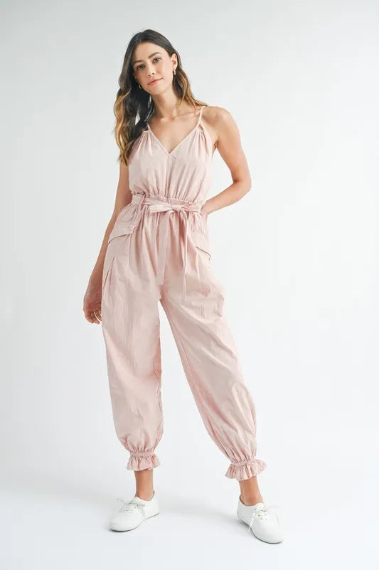 MABLE Washed Fabric Spaghetti Strap Belted Jumpsuit For Women Casual Chic Essential