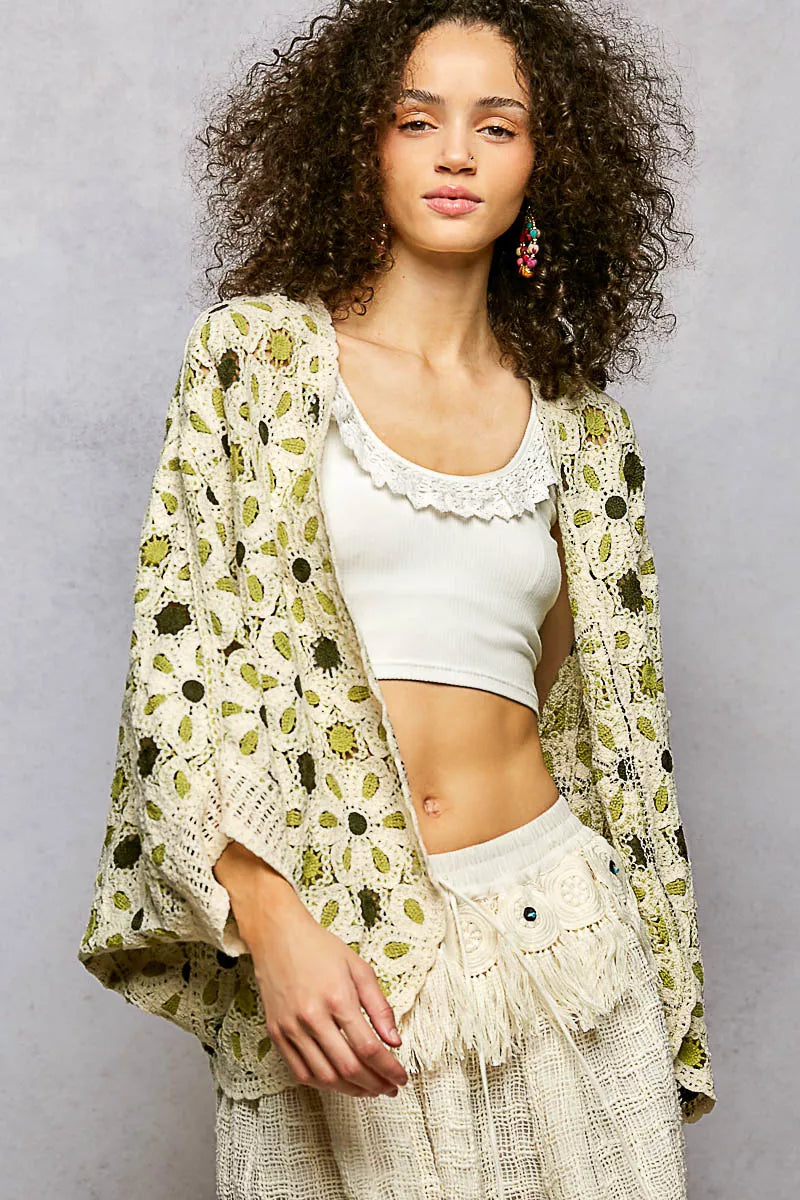 POL Open Front Floral Pattern Crochet Cardigan