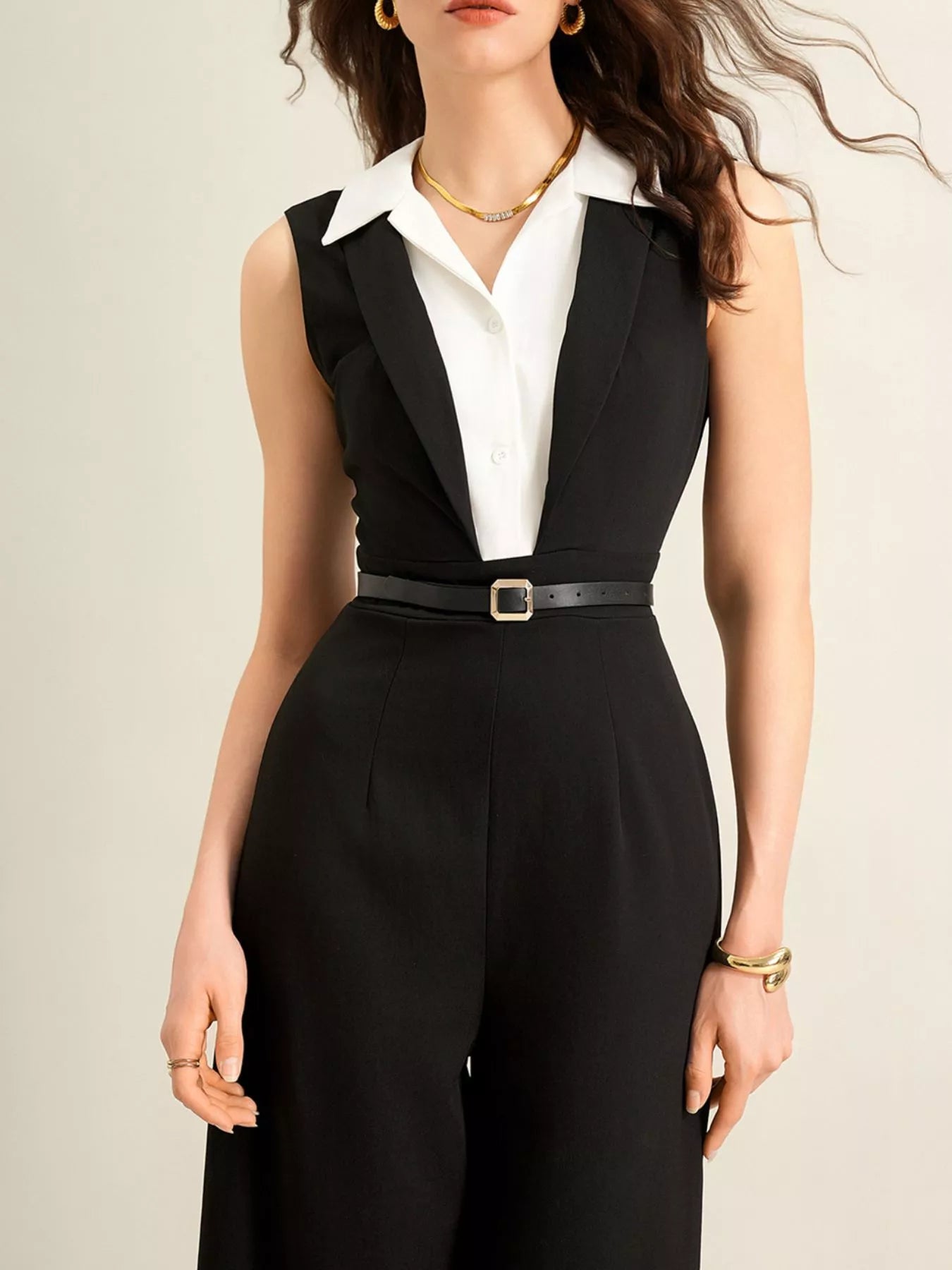 Sleeveless Wide Leg Jumpsuit For Women With Buttoned Front Zip And Stretchy Comfort