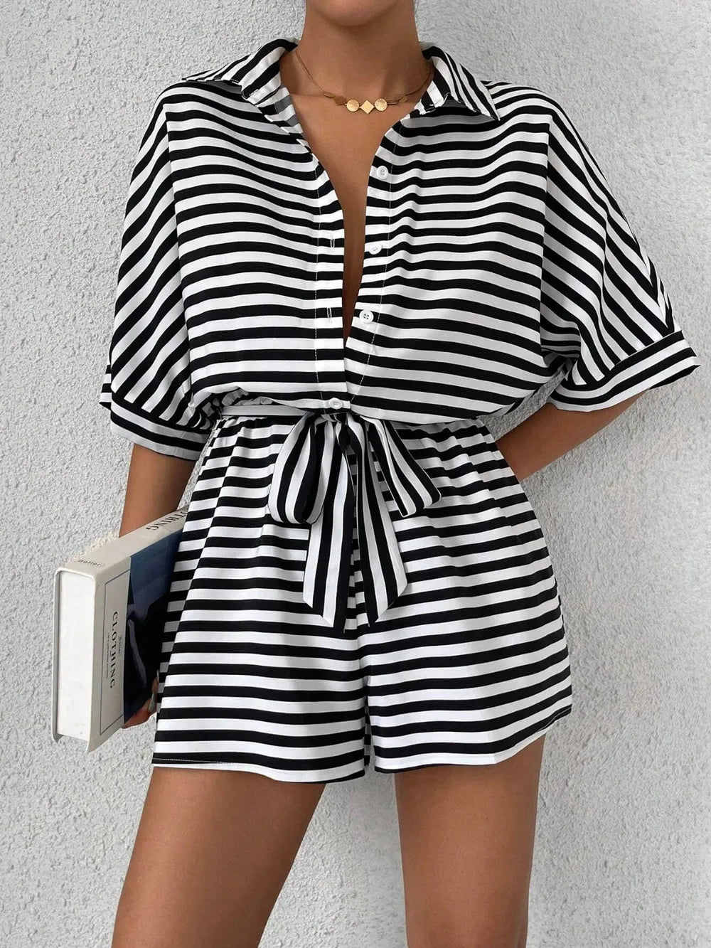 Tie Waist Striped Romper With Half Button Detailing For Women Soft Stretch Polyester Easy Care