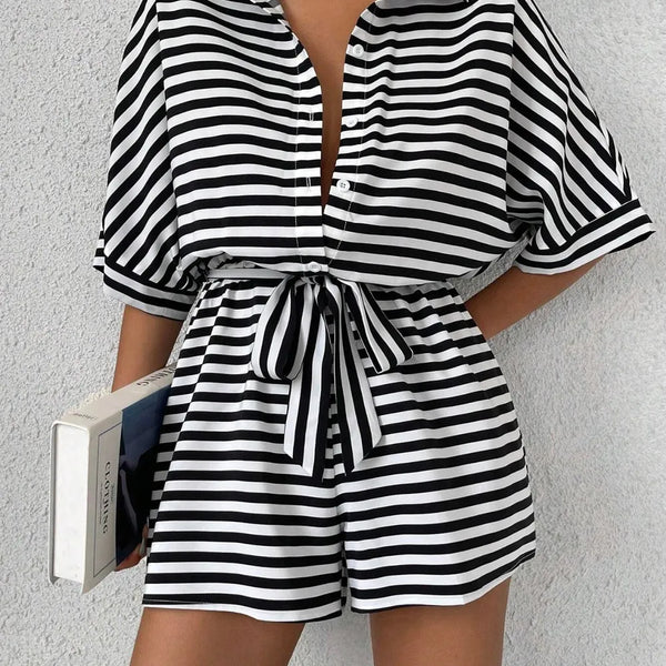Tie Waist Striped Romper With Half Button Detailing For Women Soft Stretch Polyester Easy Care