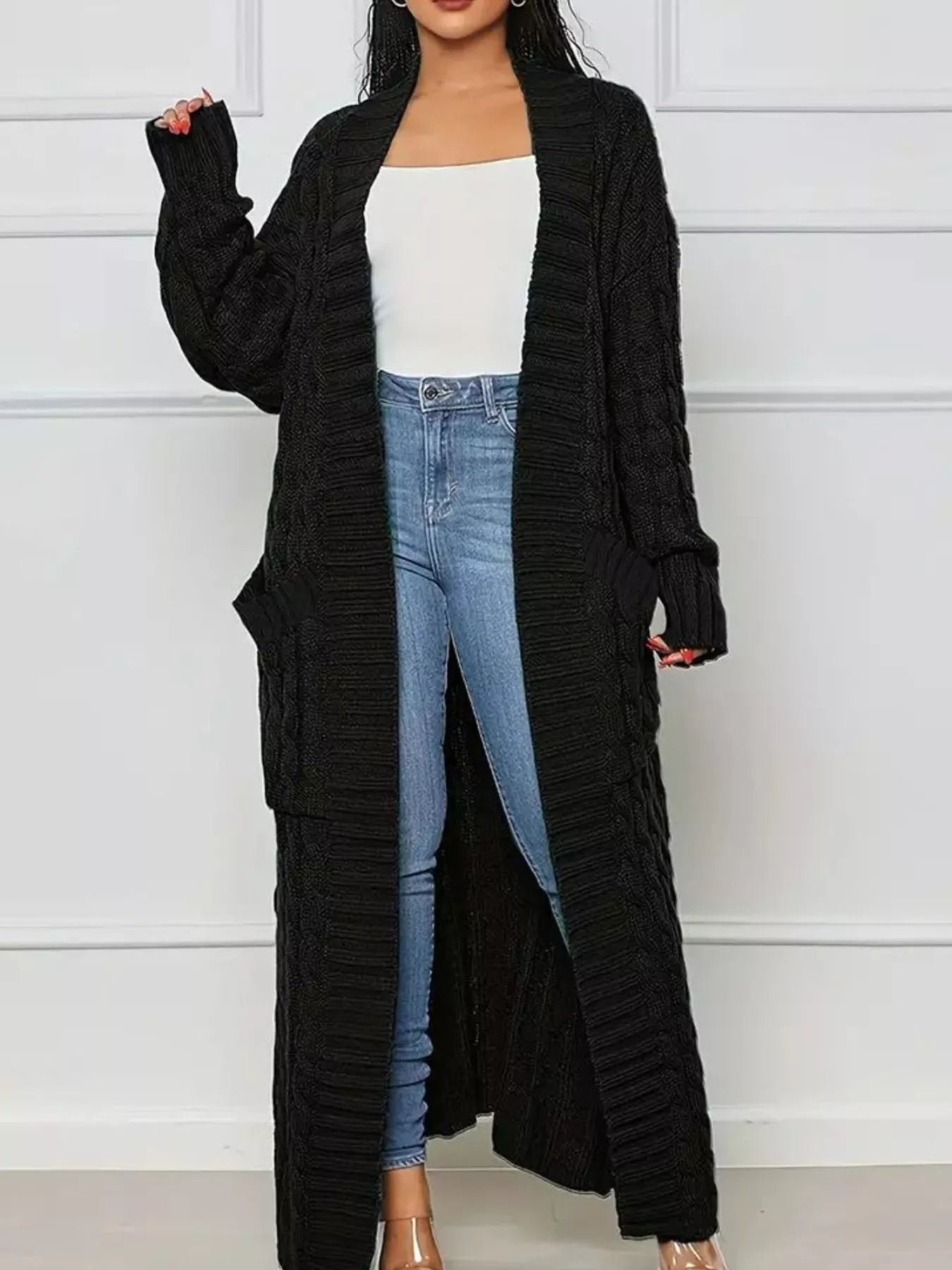 Cable Knit Longline Sweater Cardigan with Pockets