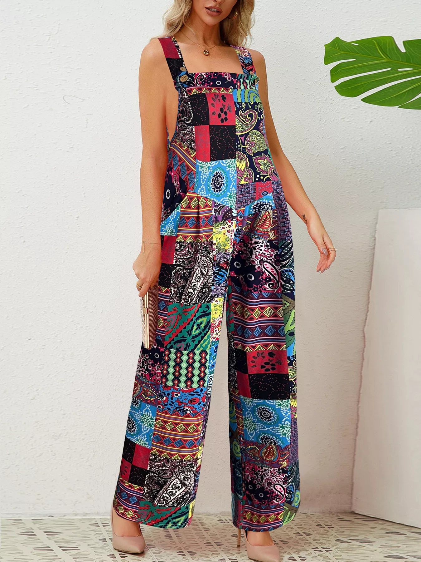 Plus Size Printed Wide Leg Jumpsuit With Pockets For Women Polyester Flattering Fit