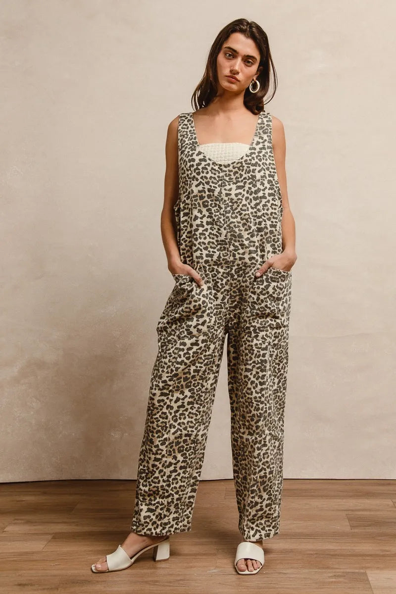 BiBi Leopard Print Adjustable Strap Jumpsuit For Women Lightweight Relaxed Fit U Neck Chic