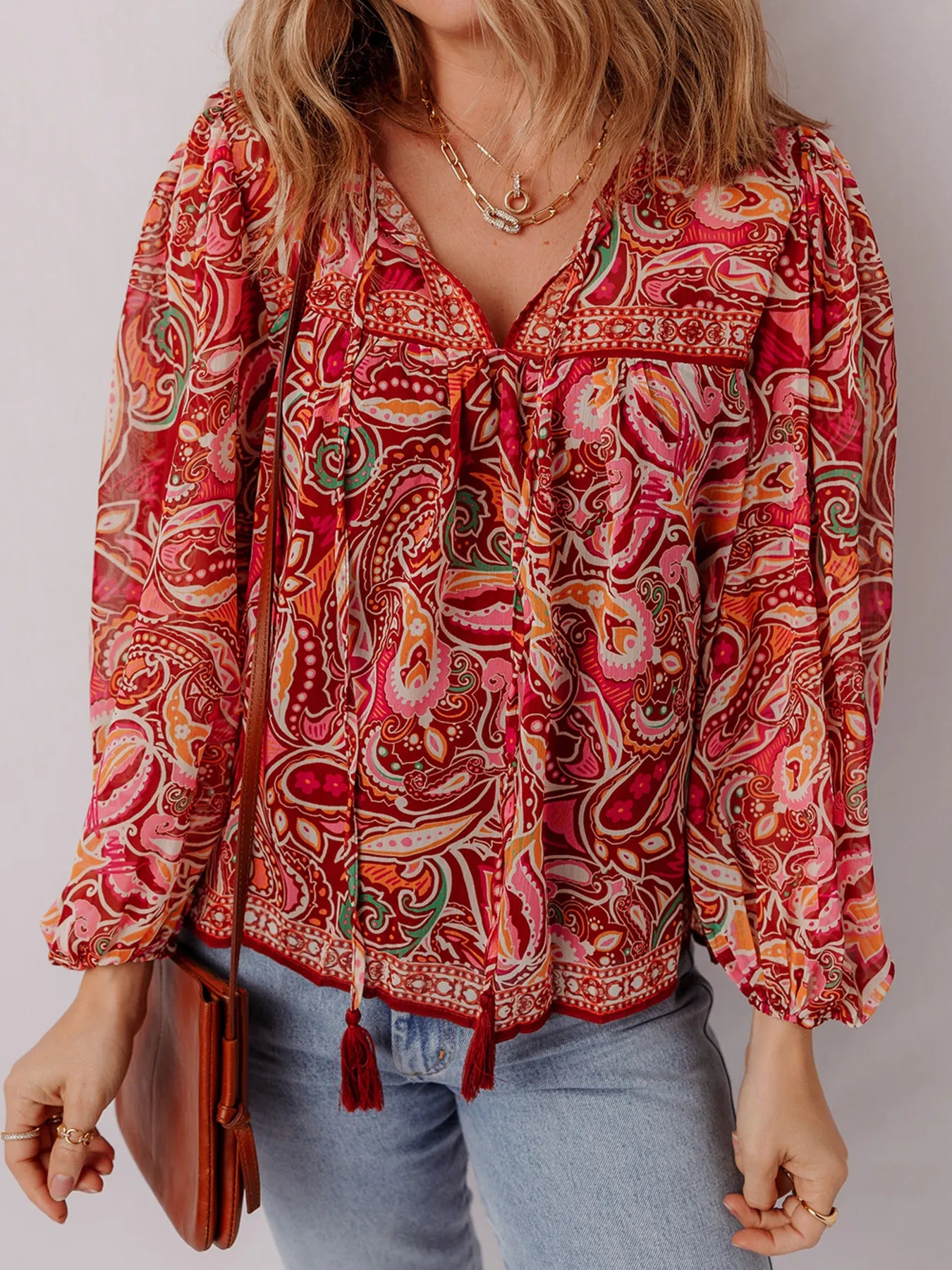 Multicolour Ethnic Paisley Print Tassel Tie Puff Sleeve Boho Blouse