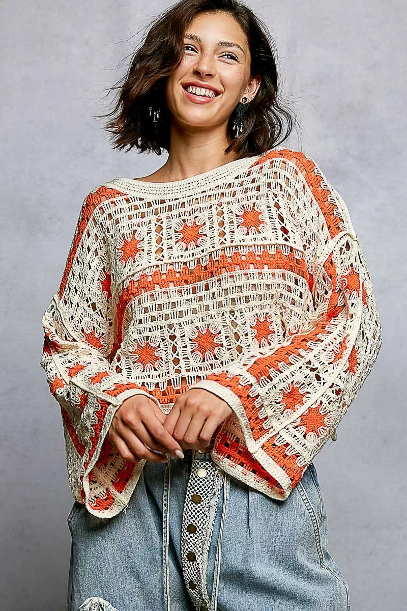 POL Boat Neck Long Sleeve Crochet Top with Granny Square Weaving