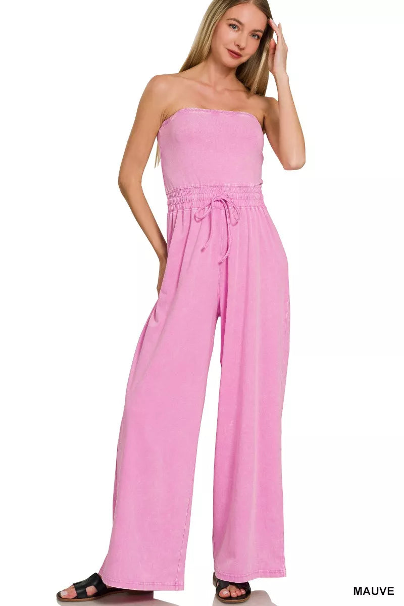 Zenana Acid Washed Strapless Jumpsuit For Women Edgy Retro Night Out Sleek Silhouette