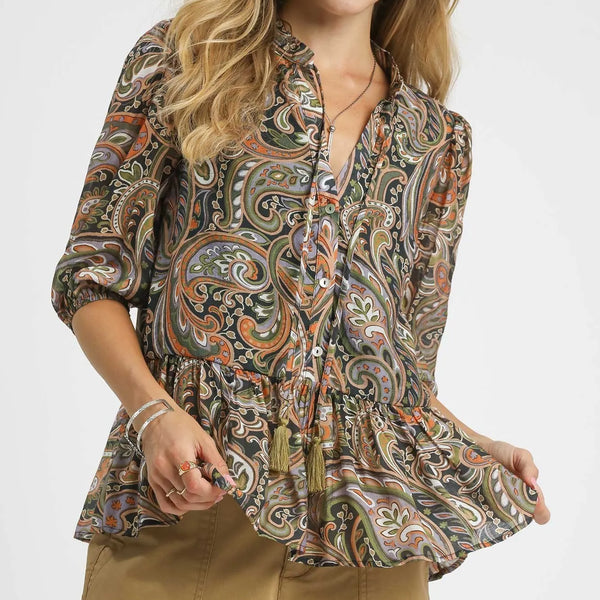 Umgee Paisley Print Peplum Blouse
