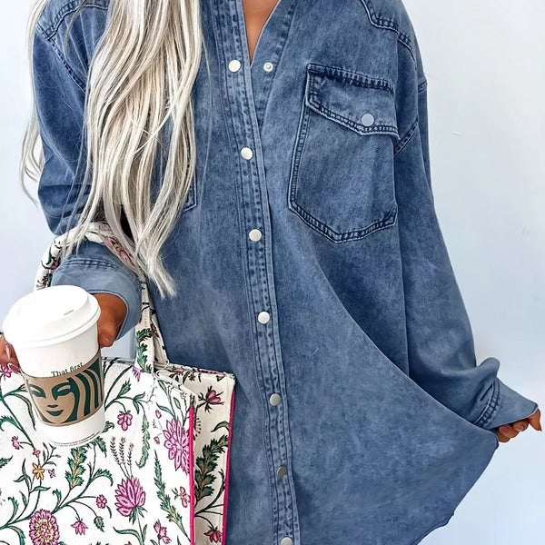 Vintage Wash Button Down Denim Dress For Women Hundred Percent Cotton Pocketed Non Stretch Classic Everyday