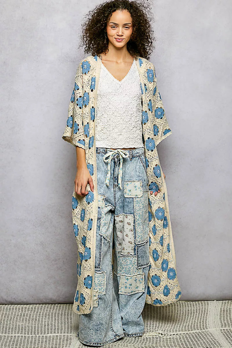POL Open Front Floral Crochet Longline Cardigan