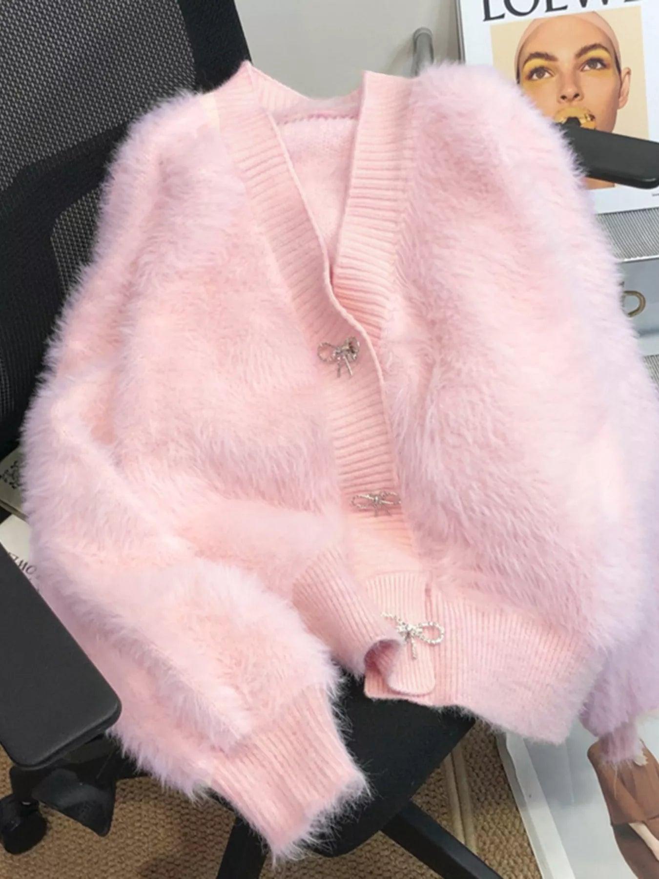 Fuzzy Bow Button Up Cardigan