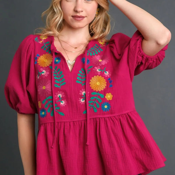 Umgee Full Size Cotton Gauze Floral Embroidery Babydoll Blouse Plus Size
