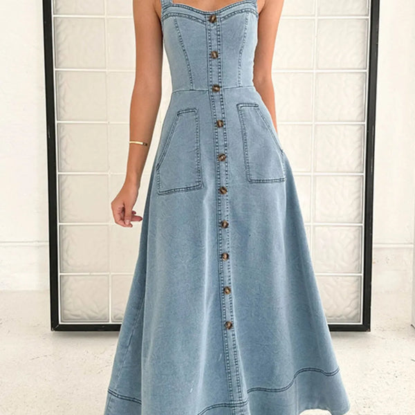 Wide Strap Sweetheart Neck Denim Dress