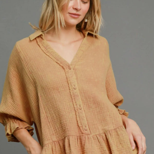 Umgee Full Size Mineral Washed Cotton Gauze Top Plus Size